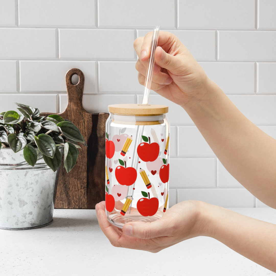 Apples and Pencils Glass Cup